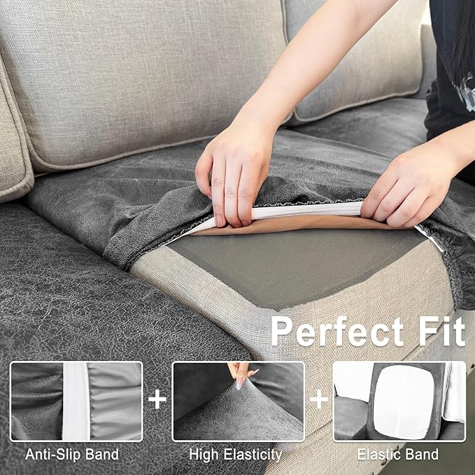 Leather Look Couch Cushion Covers Sofa Seat Slipcovers Sets Couches Furniture Protector for Sectional Armchair Loveseat Pets Kids Stretch Spandex Fabric (2 Cushion Sofa, Light Grey)