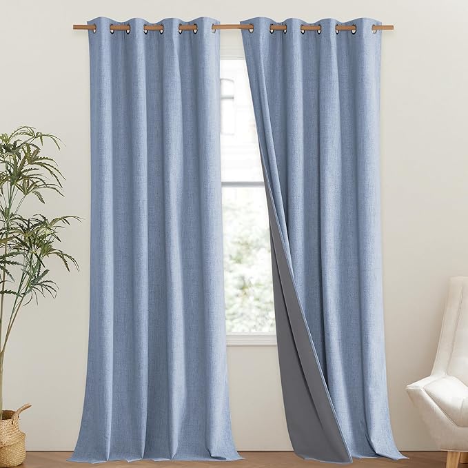 NICETOWN Stone Blue Vintage Linen 100% Blackout Curtains for Living Room, Thermal Insulated Curtains 102" Long, Noise Reducing Window Treatment Drapes for Hall Room, 52" Wide Per Panel, Set of 2