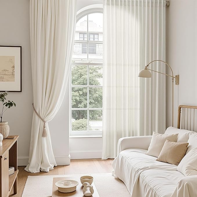 Nanspring Natural Linen Curtains for Living Room 112 Inches Long Back Tab Light Filtering Semi Sheer Curtain Rustic Farmhouse Decor Long Floor to Ceiling High Window for Bedroom 52x112, 2 Panels