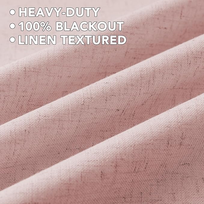 H.VERSAILTEX Linen Curtains 100% Blackout Curtains for Bedroom 96 inch Long Full Light Blocking Nature Linen Blended Window Curtains for Living Room Nickel Grommet (2 Panels, Heathered Baby Pink)