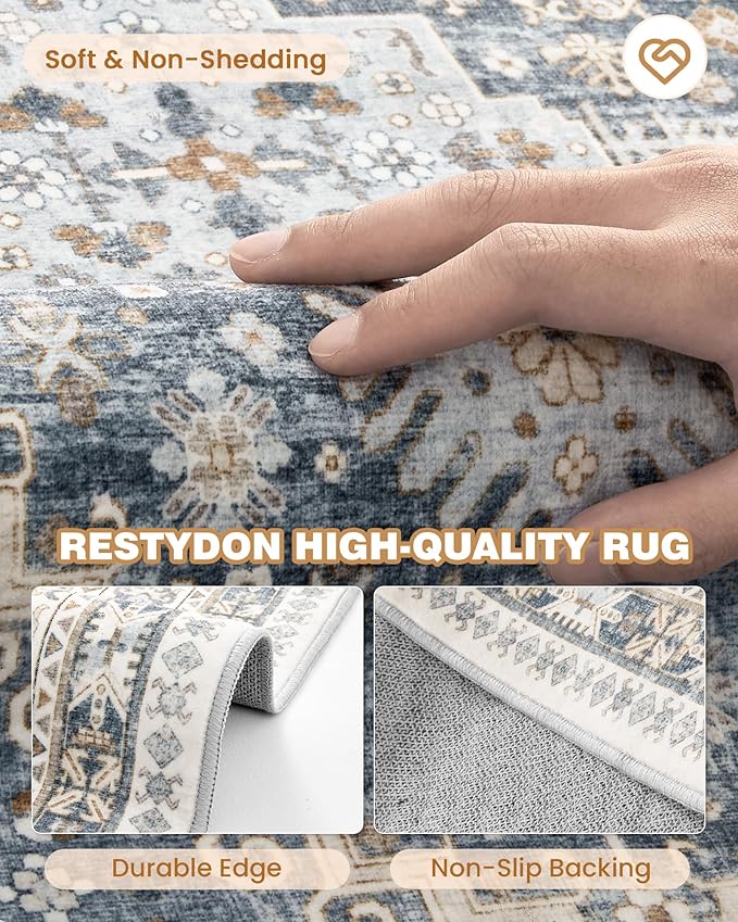 6x9 Area Rugs for Living Room,Soft Low Pile Indoor Washable Rugs for Bedroom, Non-Slip Backing Vintage Large Area Rug, Printed Vintage Floral Carpet(Blue/Beige,6'x9')