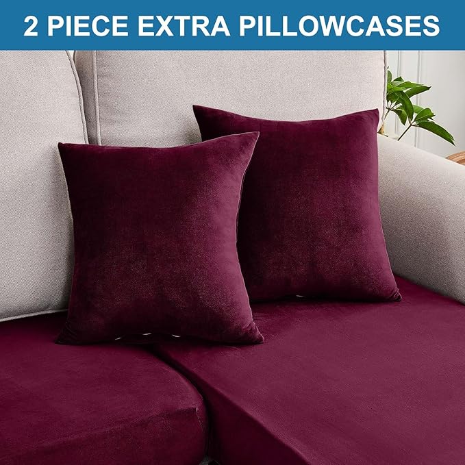 Couch Cover 8-Piece Elastic Velvet Couch Cushion Covers & Chaise Slipcovers for L-Shaped Sofas, Sofa Seat Covers Washable, Soft Cover for Couches (7 Seater + Chaise, Wine)