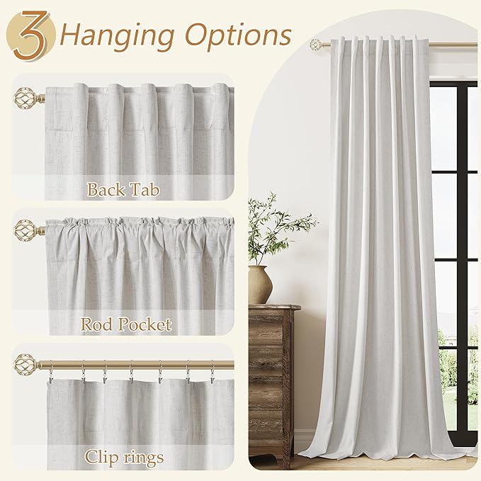 Guken Natural 100% Blackout Curtains 112 Inch Length 2 Panels Set Neutral Linen Farmhouse for Bedroom Back Tab Thermal Insulated Black Out Drapes Room Darkening Window Curtain 112 Inches Long
