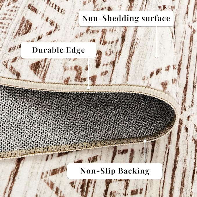 Washable Moroccan Hallway Runner Rug 2'6''x16' - Non-Slip Kitchen Floor Mat Soft Bedroom Carpet with Rubber Backing Living Room Runner for Entryway Farmhouse Style Low Pile Rug 2'6''x16' Beige