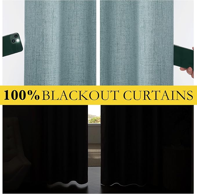NICETOWN 100% Absolutely Blackout Linen Curtains with Thermal Insulated White Liner, Skylark Blue, 52 inches Wide, 84 inches Length Energy Saving Curtains for Living Room 2 Panels Set, Vertical Blinds
