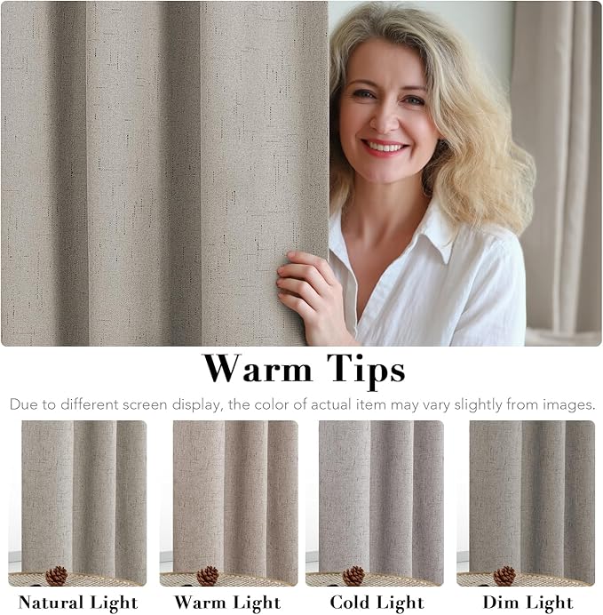 H.VERSAILTEX Linen Blackout Curtains 45 Inches Long 100% Absolutely Blackout Thermal Insulated Textured Linen Look Curtain Draperies Anti-Rust Grommet, Energy Saving with White Liner, 2 Panels, Stone
