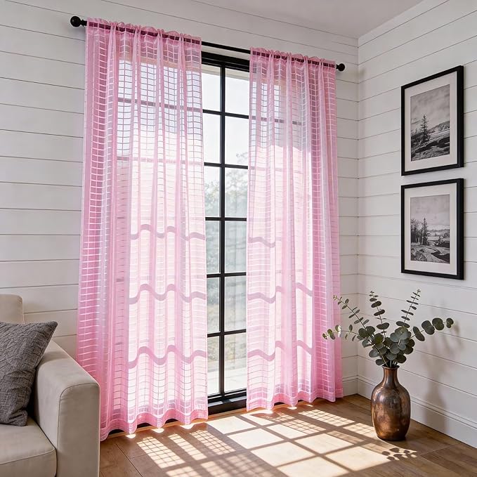 SpaceDresser Check Sheer Curtains 63 Inches 2 Panels Set, Rod Pocket Plaid Window Curtain for Living Room, Pink Semi Sheer Drapes for Kitchen Bedroom Children Room Yard（Pink, 52W x 63L）