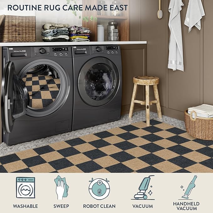 Lahome Checkered Easy Jute Area Rug, 5x7 Outdoor Patio Rug Washable Carpet for Living Room Checkerboard Indoor Outdoor Carpet, Farmhouse Geometric Non Slip Black Mat for Backyard Dining Room