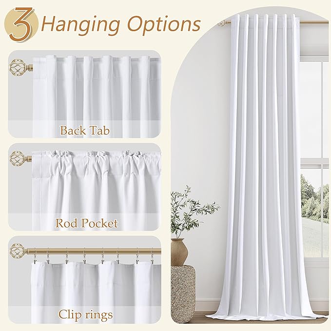 Guken White 100% Blackout Linen Curtains 52 Inch Wide by 142 Inch for Living Room Bedroom Back Tab/Rod Pocket Thermal Insulated Black Out Linen 2 Drapes Room Darkening Window Curtains