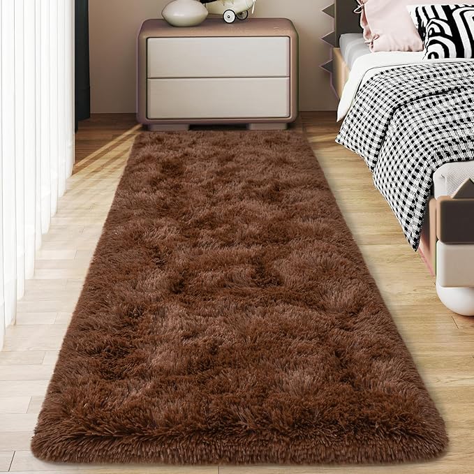 Soft Runner Rugs for Bedroom Hallways, 2x6 Brown Fluffy Shag Throw Area Rug Non Slip for Bedside Dorm, Long Shaggy Furry Carpet for Nursery Living Room