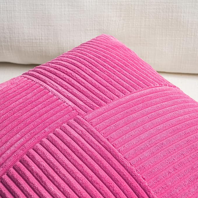 Fancy Homi 2 Packs Hot Pink Decorative Throw Pillow Covers 20x20 Inch for Living Room Couch Bed Sofa, Rustic Farmhouse Boho Home Decor, Soft Corss Corduroy Patchwork Accent Cushion Case 50x50 cm