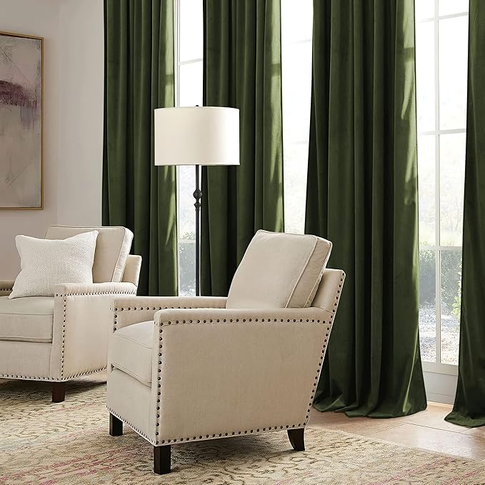 RYB HOME Green Velvet Curtains 84 inch, Solid Room Darkening Window Curtains for Living Room Light & Draft Block Privacy Backdrop with Pleat Tape Pocket& Tabs, Olive Green, W52 x L84 inch, 2 Panels