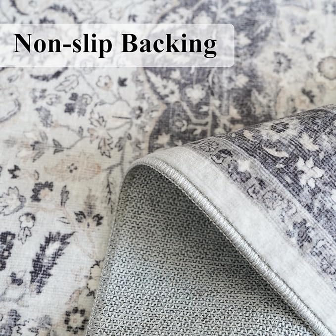Washable 2x3 Entryway Area Rug: Vintage Soft Thin Door Mat with Non Slip Backing Water Resistant Carpet for Bedroom Low Pile Floor Mat for Kitchen Bathroom Laundry Easy Clean Rug for Family(2x3,Grey)