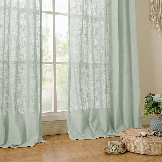 LAMIT Short Window Linen Curtains 36 Inch Length 2 Panels, Light Sage Light Filtering Panels Back Tab and Rod Pocket Neutral Drapes for Bathroom/Loft Room, 34 x 36 Inch