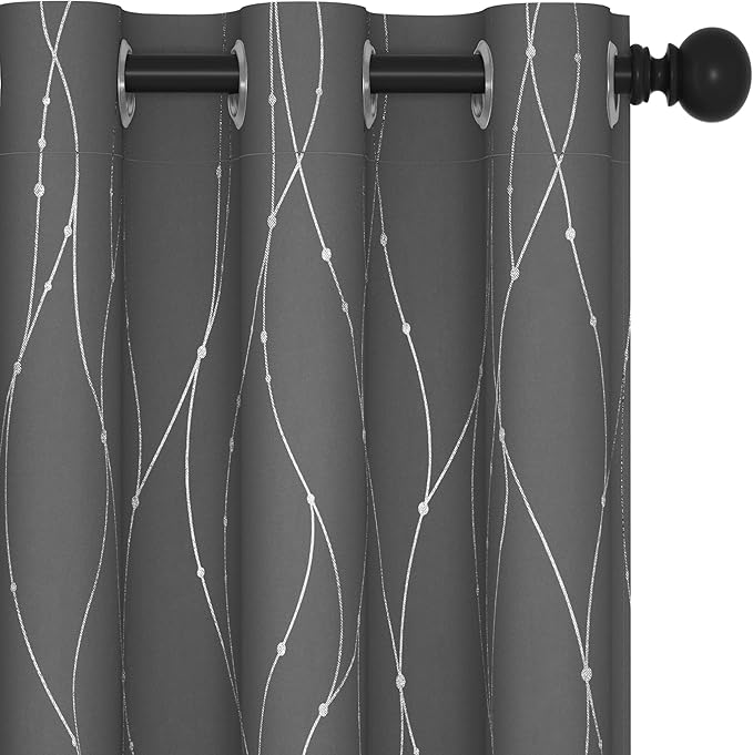 Deconovo Kitchen Curtains, Short Blackout Drapes 42 x 54 Inch, Thermal Insulated Soundproof Grommet Drape, Silver Wave Dots Foil Print Curtain for Small Windows, Living Room, Light Grey, Set of 2