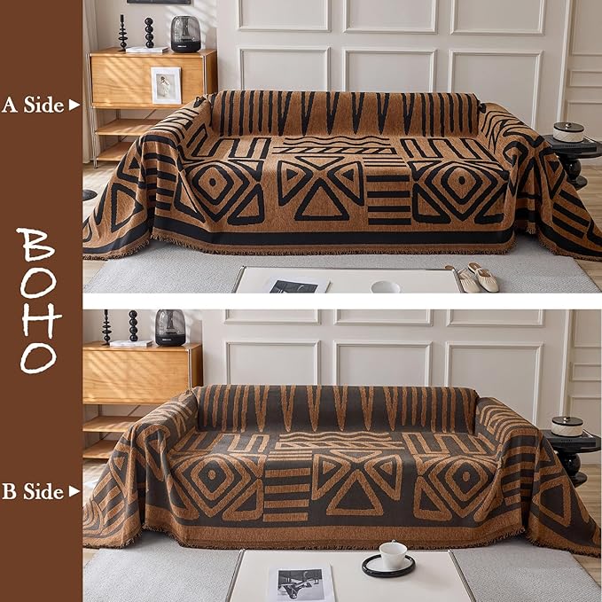 HANDONTIME Boho Geometric Couch Covers for Sofa Pet Friendly Brown and Black Sofa Covers Washable Chenille Couch Blanket Cover for 1 2 Cushion Couches Pet Protector Furniture Cover Soft, 71" X 102"