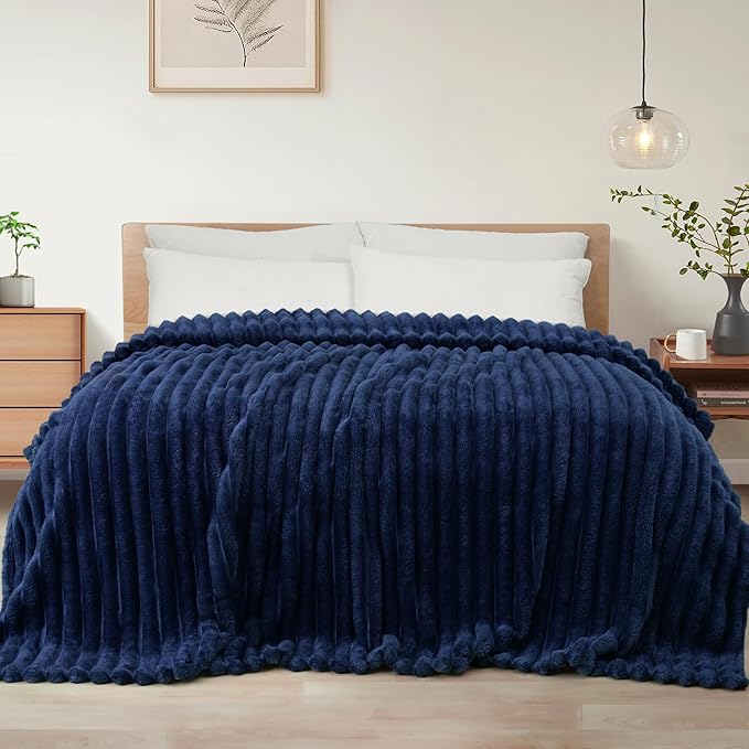 Exclusivo Mezcla Queen Size Flannel Fleece Blanket, Super Soft Striped Jacquard Bed Blanket, Lightweight Fuzzy Cozy for All Seasons, 90x90 Inches, Navy Blue
