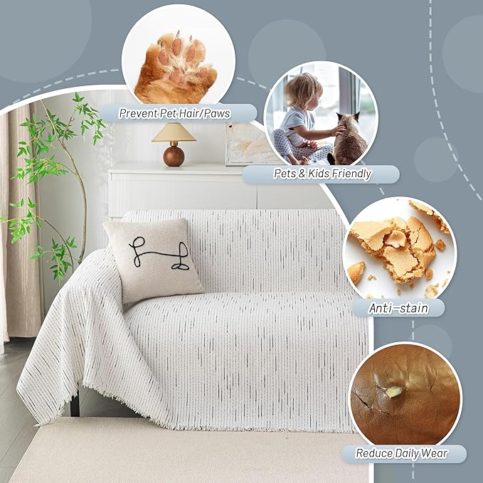 MYSKY HOME Couch Covers for 3 Cushion Couch Sofa, Sectional Couch Cover L Shape Chenille Couch Cushion Covers for Pets, Furniture Protector Cover for Dogs, Kids, 91"X150", White