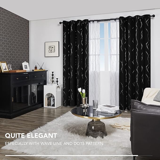 Deconovo Sliding Door Curtains 108 Inch Long, Blak Blackout Window Drapes, Privacy Soundproof Thermal Insulated Curtain with Wave Dots Silver Print, Grommet Top, Set of 2 Panels for Patio Door Bedroom