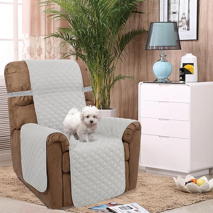 U-NICE HOME Recliner Chair Covers Reversible Chair Cover Pet Covers for Dogs with Elastic Straps Water Resistant Diamond Quilted (28''Recliner Oversized, Light Grey/Light Grey)