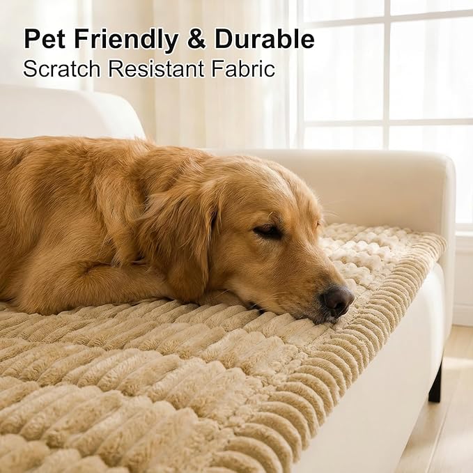 Smiry Couch Cover for Dogs Washable, Non Slip Fuzzy Pet Couch Covers for 3 Cushion Sofa Pet Friendly, Thick Soft Sofa Slipcovers Cushion Protector (Camel, 27.6" x 27.6")