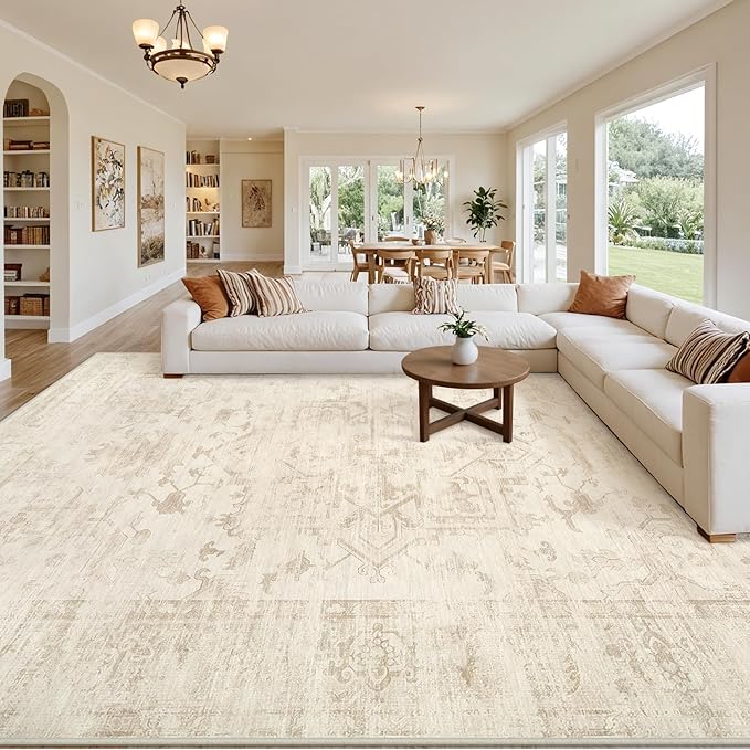 Area Rugs 9x12 Living Room: Vintage Boho Neutral Washable Rug Indoor Soft Large Area Rug Carpet for Bedroom Nursery Farmhouse Dining Room Office Floor Non-Slip Low Pile Under Table Rug Beige/Brown
