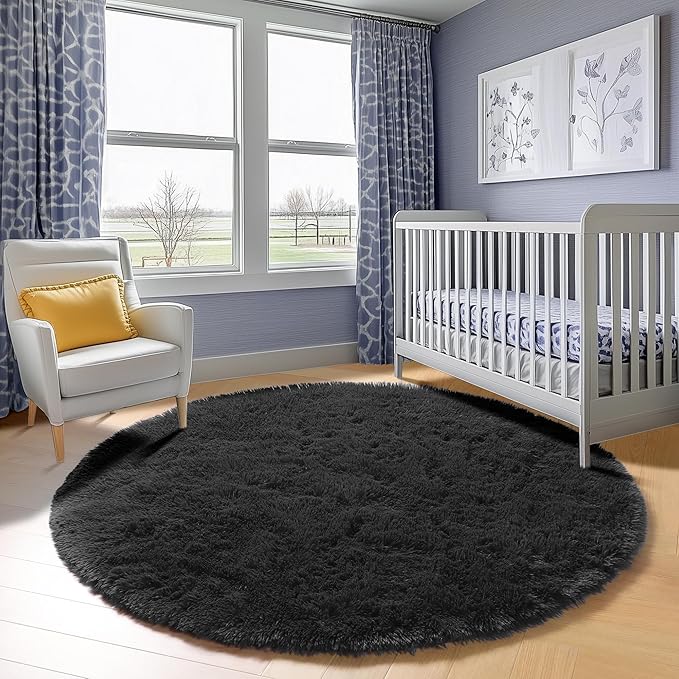 ONASAR Black Round Area Rugs 5ft, Soft Bedroom Circle Rug Floor Mats for Kids Girls Boys Teen Room, Fluffy Plush Shaggy Carpet for Baby Nursery Living Room Playroom Dorm Home Decor