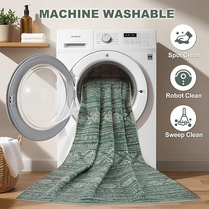 Nakagishi Green Rug Area Rugs 5x7: Washable Boho Large Neutral Modern Soft Farmhouse Rug Stain Resistant Indoor Floor Non-Slip Carpet for Women Home Enthusiasts Aged 25-45 - Bedroom Room Decor