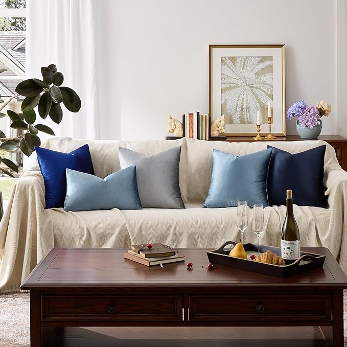 GIGIZAZA Stone Blue 12x20 Velvet Decorative Lumbar Throw Pillow Covers for Sofa Bed 2 Pack Soft Cushion Cover