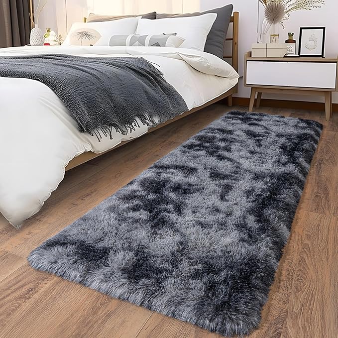 Ultra Soft Runner Rugs for Bedroom Hallways with Upgraded Non-Slip Rubber Backing & Thick Memory Sponge, 2x6 Feet Fluffy Shag Throw Area Rug for Bedside Dorm Tie-dye Dark Grey
