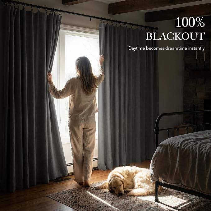 RYB HOME Grey 100% Blackout Linen Curtains 78 inch Long, Thermal Insulated & Privacy Assurd Home Decor Drapes for Bedroom/Office/Nursery, Rod Pocket & Back Tab Window Treatment, W52 X L78, 2 Panels