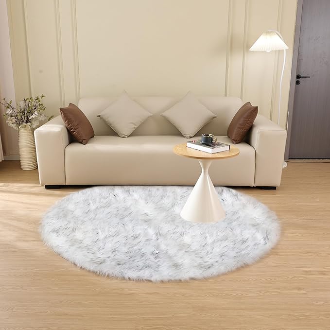 ORINOVA White and Grey Round Shag Rug 4ft Faux Sheepskin Fur Rugs for Living Room Small Circle Washable Plush Rug for Nursery Cute Room Décor