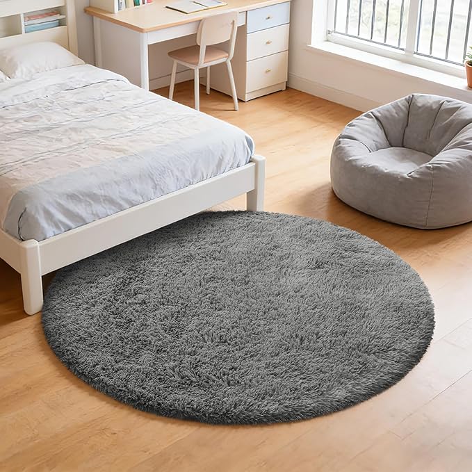 yulidayang Fluffy Round Area Rugs for Bedroom,5'X5'Shag Circle Area Rugs for Living Room,Non Slip Fuzzy Plush Rug for Kids Room Boys Girls Room and Dorm,Deep Grey
