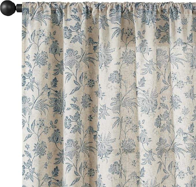 jinchan Linen Floral Curtains for Living Room with Printed Flower 96 Inches Long Light Filtering French Country Back Tab Rod Pocket Blue Window Curtain Set Farmhouse Drapes 2 Panels Blue