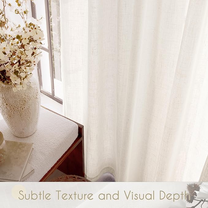 98 inch Long Linen Curtains 2 Panels for Living Room Back Tab Cream Ivory Light Filtering Semi Sheer Curtain 98 inches Long Boho Farmhouse Rustic Linen Drapes Floor to Ceiling Length 8 FT