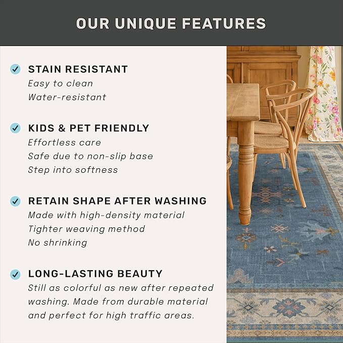 Hazo Haus Boho 8x10 Large Area Rugs for Living Room - Eclectic Dusky Blue Rug for Bedroom Under Bed, Dining Room Under Kitchen Table, Washable Soft Non Slip Unique Colorful Indoor Décor