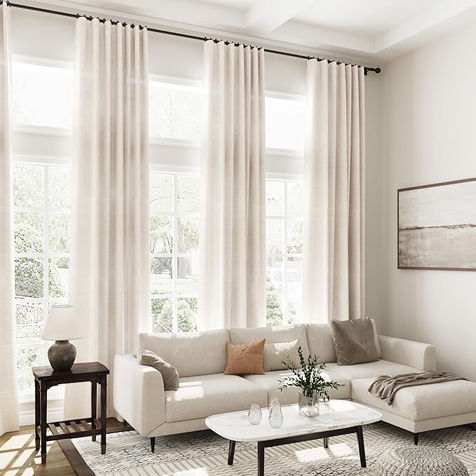 Nanspring Beige Linen Blend Light Filtering Curtains 86 Inches Long 2 Panel Set Pocket Back Tab Tan Beige Privacy Semi Sheer Decorative Decor Curtain Drapes for Bedroom Living Room 52x86