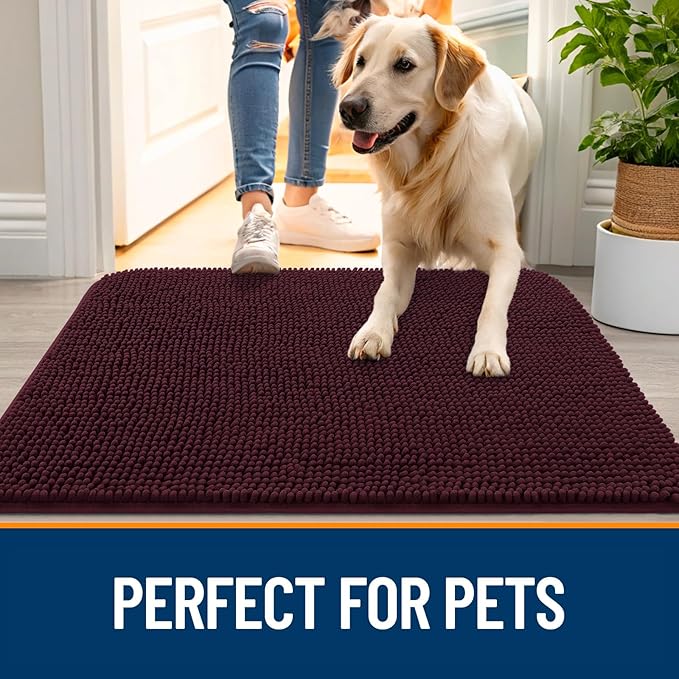 OLANLY Dog Door Mat for Muddy Paws 34x21, Absorbs Moisture and Dirt, Absorbent Non-Slip Washable Doormat, Quick Dry Chenille Mud Mat for Dogs, Entry Indoor Entryway Carpet for Inside Floor, Russet
