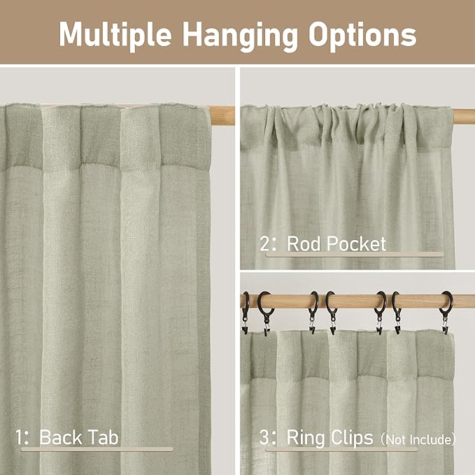 LAMIT Sheer Linen Curtains for Living Room, Back Tab and Rod Pocket Curtains Light Filtering Country Rustic Farmhouse Drapes for Bedroom/Farmhouse, 2 Panels, 52 x 102 Inch, Sage Grey