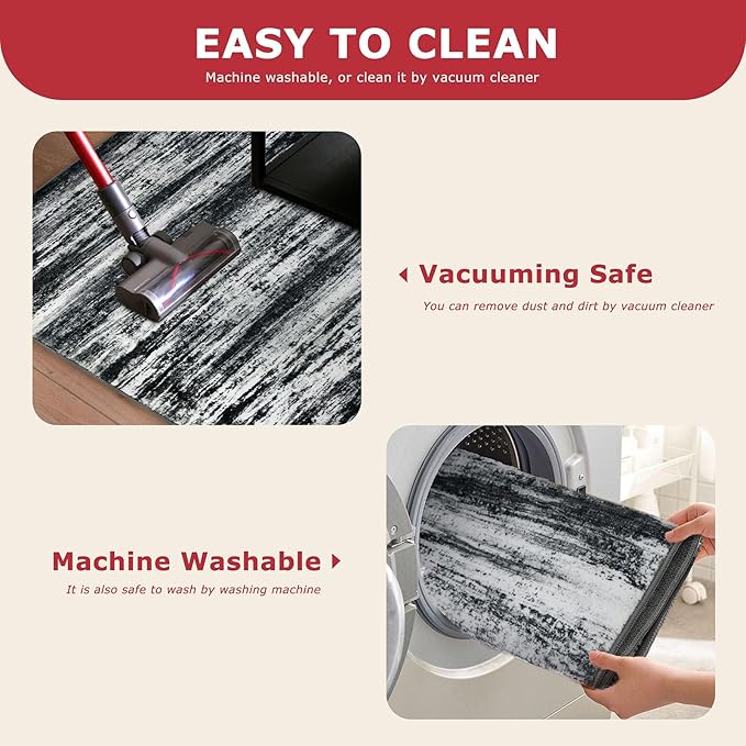 KOZYFLY Modern Abstract Small Area Rugs, 2x3 Washable Kitchen Rug Non-Slip Soft Small Bathroom Rug, Black Navy Blue Grey Striped Entryway Rugs Faux Wool Doormat for Bedside Entrance Bedroom Sink