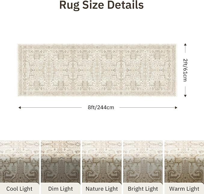 Washable 2x8 Runner Rug - Non Slip Vintage Kitchen Runner Rugs Low-Pile Distressed Long Rugs for Hallway Waterproof Indoor Carpet for Living Room Bedroom Entryway 2'x8' Beige