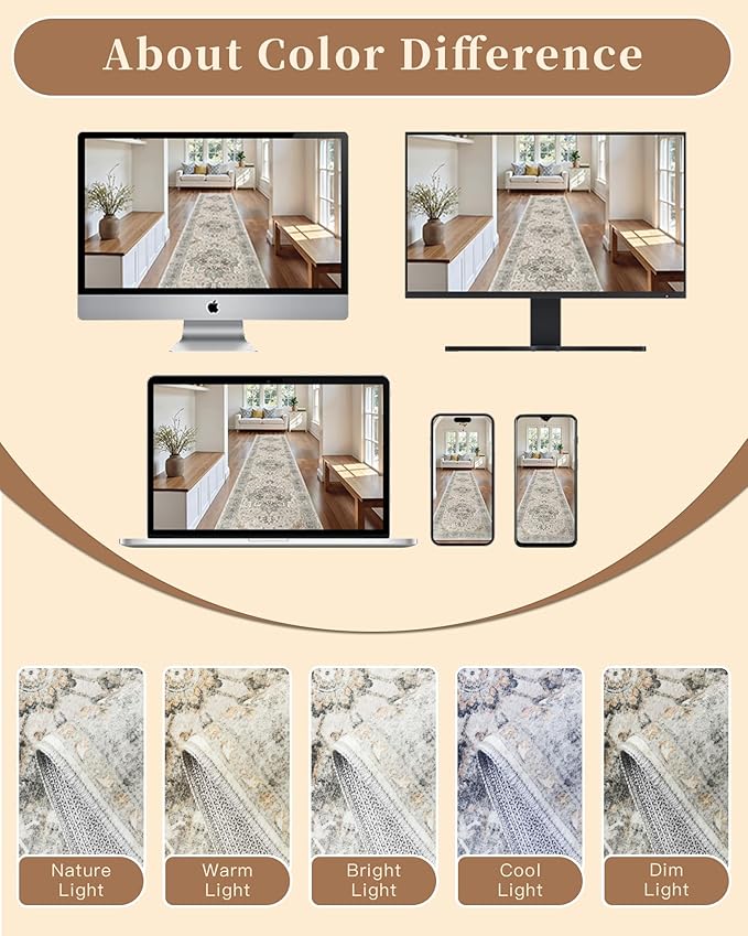 Madane Washable Runner Rug - 2x6 Rug Runners for Hallways 6 Foot Non Slip Vintage Kitchen Runner Rug Ultra-Thin Bathroom Runner Rugs Carpet Laundry Room Bedroom (2x6ft, Light Taupe Brown)