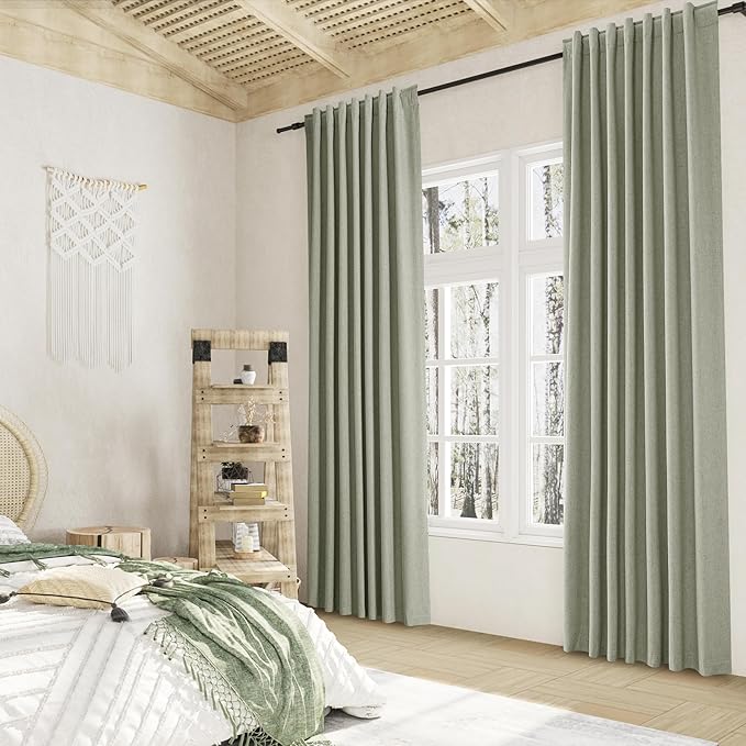 Sage Green 100% Blackout Linen Curtains 92 Inch Length 2 Panels Set for Living Room Bedroom Back Tab Thermal Insulated Black Out Drapes Room Darkening Farmhosue Window Curtains 92 Inches Long