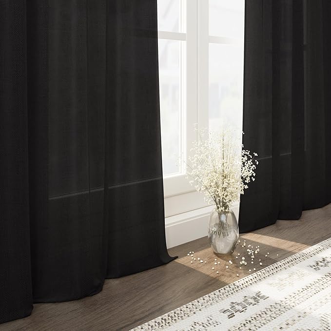 Nanspring Vintage Black Linen Curtains 84 Inch Length 2 Panels Set for Living Room Light Filtering Semi Sheer Curtain Back Tab Privacy Luxury Gothic Vintage Decor Drapes for Bedroom Office 52x84