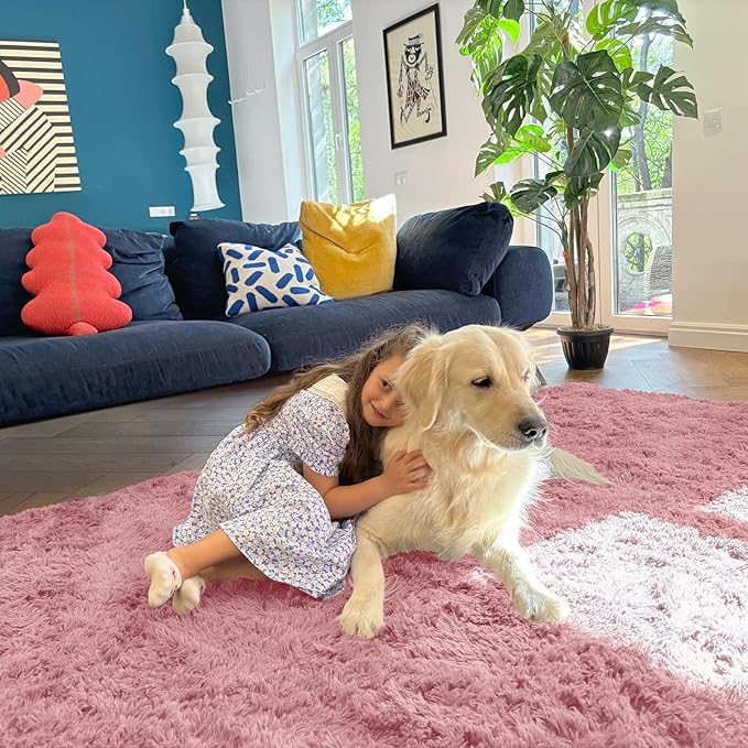 OLANLY 3x5 Machine Washable Small Bedside Rug, Soft Fluffy Shaggy Rugs for Living Room, Bedroom, Indoor Floor Carpet for Kids Girls and Boys, Preppy Dorms, Nursery, Home Decor Aesthetic, Pale Pink