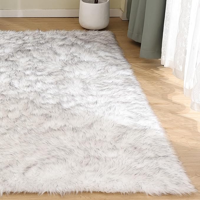 Goolela Sheepskin Area Rug 8x10 Fluffy Fuzzy Furry Carpet for Living Room Bedroom Faux Fur Plush Rectangle - White and Grey Tips