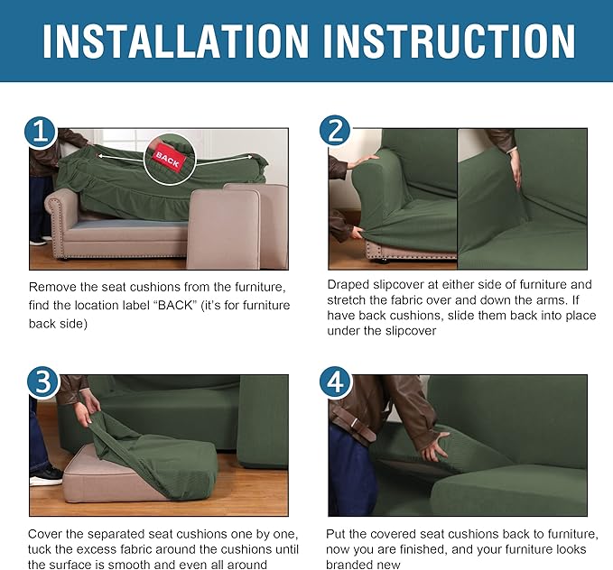 H.VERSAILTEX 3 Piece Stretch Sofa Covers for 2 Cushion Loveseat Couch Covers for Living Room Furniture Cover (Base Cover Plus 2 Seat Cushion Covers) Thicker Jacquard Fabric(Medium, Bronze Green)