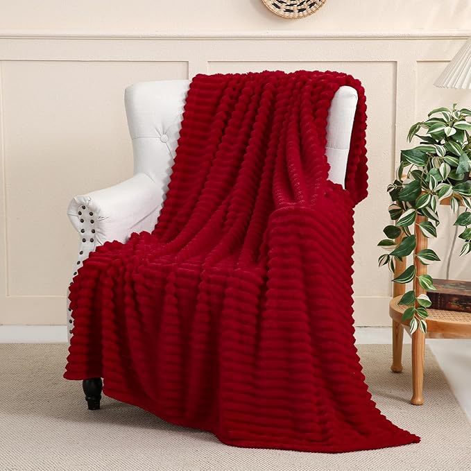 Red Fleece Throw Blanket 50”×70” for Couch Sofa Bed,Super Soft Cozy Plush Microfiber Flannel Blanket with Stripes Design Lightweight for Adults,Woman,Girls