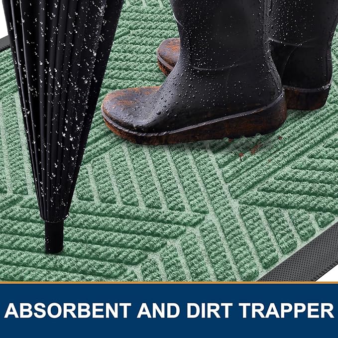 Smiry Front Door Mat Outside Entrance, Heavy Duty Sturdy Natural Rubber Doormat, Trap Dirt and Moisture, Easy Clean Low Profile Mats for Indoor Outdoor Entry, Irregular Triangle (29.5x17, Mint Green)