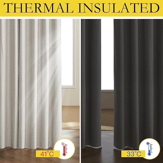 NICETOWN Snowbound Vintage Linen 100% Blackout Curtains for Living Room, Thermal Insulated Curtains 63" Long, Noise Reducing Window Treatment Drapes for Hall Room, 52" Wide Per Panel, Set of 2